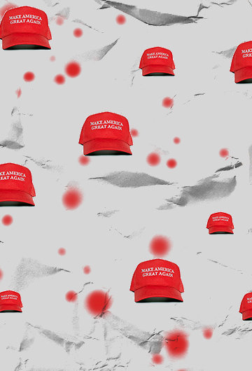 A collage of MAGA hats and red dots in front of crumpled paper.