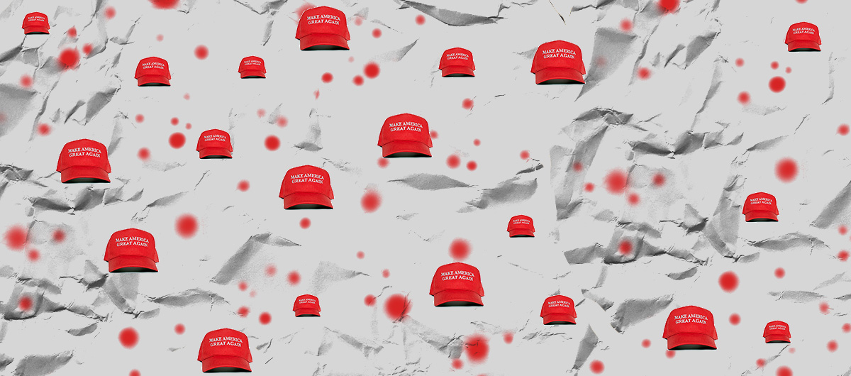 A collage of MAGA hats and red dots in front of crumpled paper.