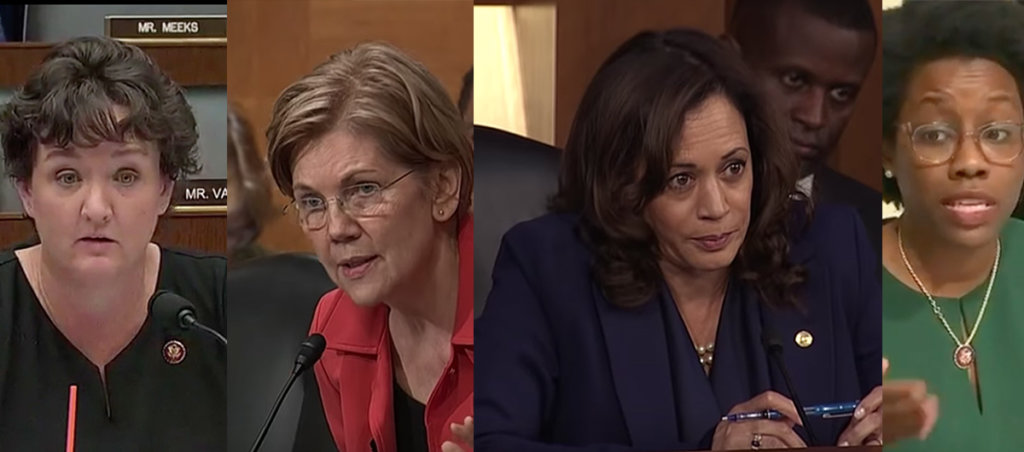 A collage of photos of Katie Porter, Elizabeth Warren, Kamala Harris, and Lauren Underwood.