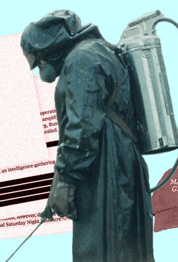 A collage of redacted paperwork of "Report On The Investigation Into Russian Interference In The 2016 Election," a worker checking toxicity levels, and a "Make America Again" hat.