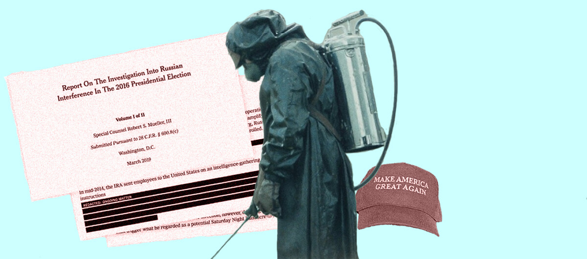 A collage of redacted paperwork of "Report On The Investigation Into Russian Interference In The 2016 Election," a worker checking toxicity levels, and a "Make America Again" hat.