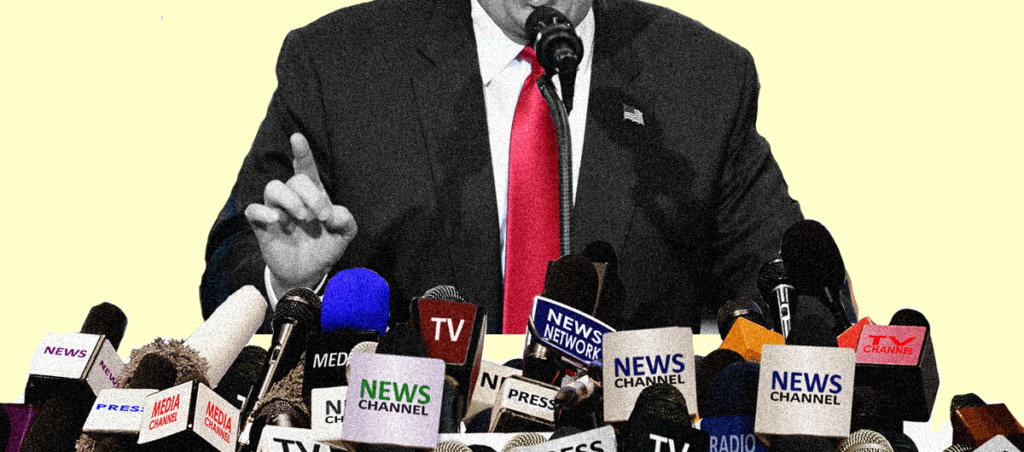 A collage of a photo of Donald Trump from his chin to his midsection with microphones, most of news say "News Channel" on it in front of him.