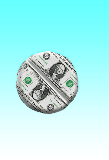 A collage of moneys being crumpled up over shapes of different pills.