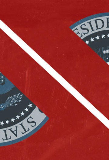 A photo of the US Presidential seal being split in half.