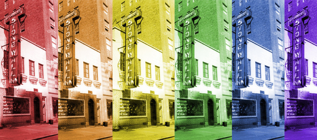 A collage of six pictures in front of the Stonewall Inn. One is in red, one orange, one yellow, one green, one blue, and one purple.