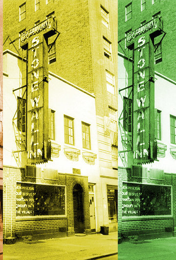 A collage of six pictures in front of the Stonewall Inn. One is in red, one orange, one yellow, one green, one blue, and one purple.