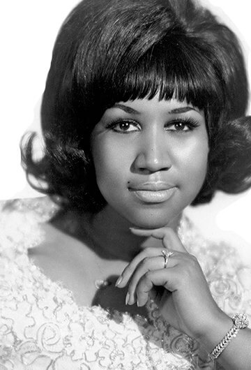 A collage with a photo of Aretha Franklin in the center.