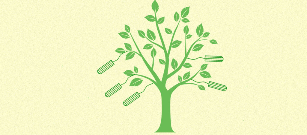 An illustration of a tree and tampons on attached to leaves from the tree,