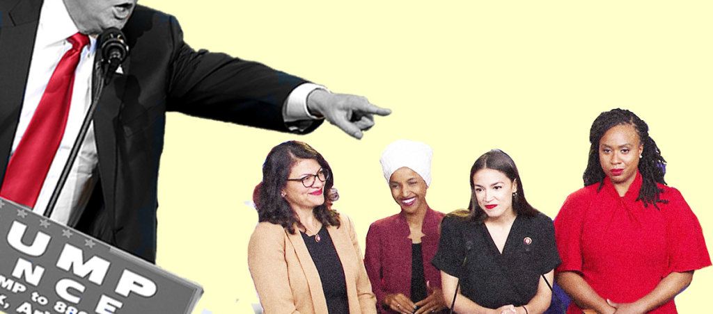 A collage of Trump pointing at Rashida Tlaib, Ilhan Omar, Alexandria Ocasio-Cortez and Ayanna Pressley.