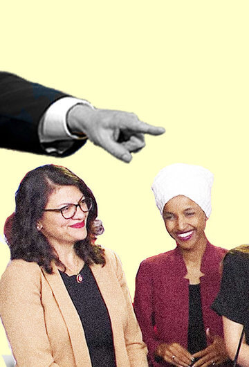 A collage of Trump pointing at Rashida Tlaib, Ilhan Omar, Alexandria Ocasio-Cortez and Ayanna Pressley.