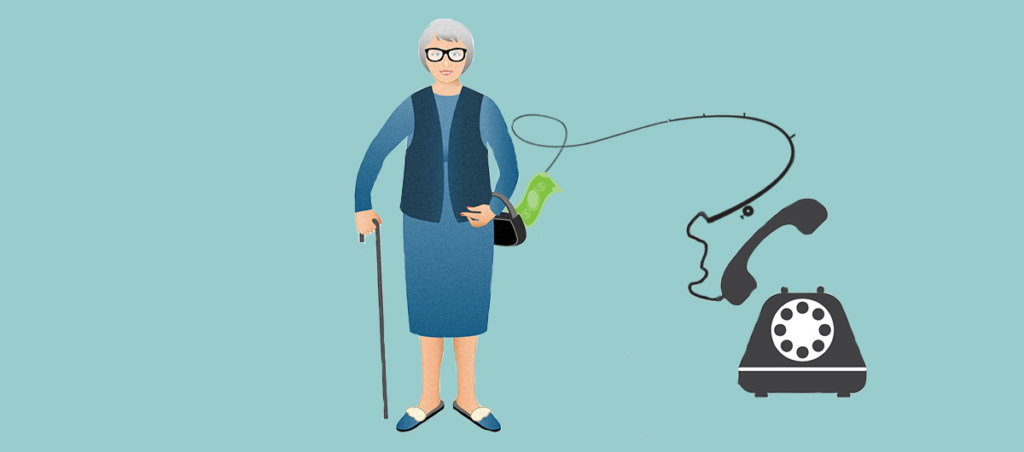 A collage of an aging woman with a cane and a wire from a telephone pulling money out of her purse.