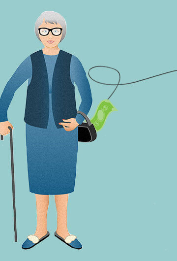 A collage of an aging woman with a cane and a wire from a telephone pulling money out of her purse.
