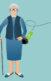 A collage of an aging woman with a cane and a wire from a telephone pulling money out of her purse.