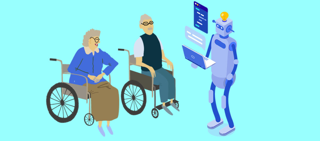 An illustration of two aging people in a wheelchair and a computer in front of a robot.