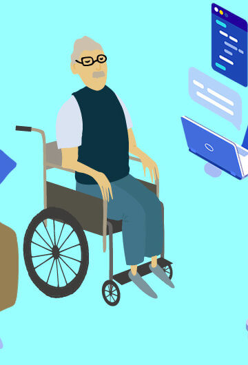 An illustration of two aging people in a wheelchair and a computer in front of a robot.