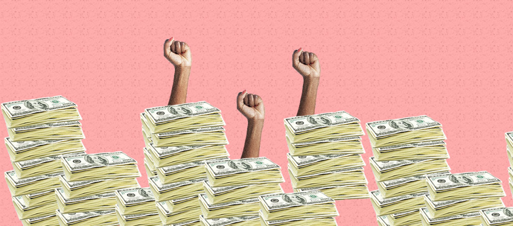 A collage of stacks of money and three Black women's arms raising their fists