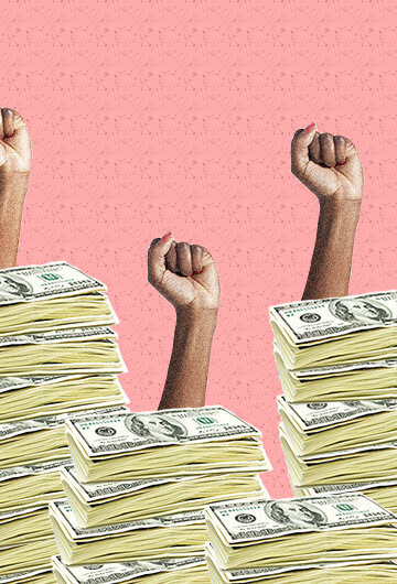 A collage of stacks of money and three Black women's arms raising their fists