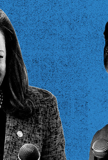 A collage of photos of Kamala Harris and Elizabeth Warren