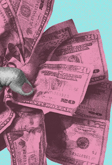 A collage of someone holding up crumpled up 20 dollar bills