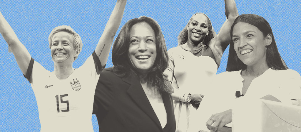 A collage of photos of Meghan O'Rouke, Kamala Harris, AOC and Serena Williams.