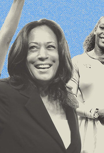 A collage of photos of Meghan O'Rouke, Kamala Harris, AOC and Serena Williams.