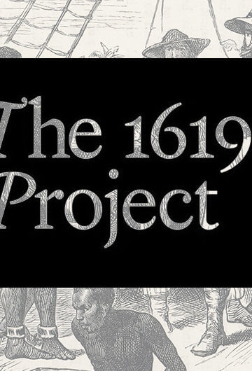 The text "1619 Project" on top of a drawing on Black slaves on a slave ship being treated badly by white slavers.
