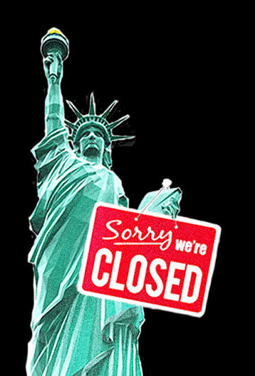 An image of the Statue of Liberty with a "Sorry, we're closed" sign on it.