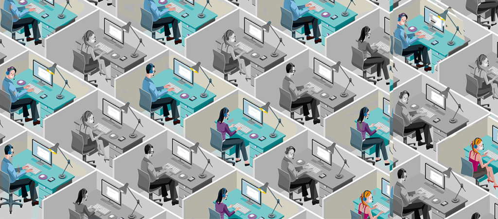 A collage of illustrations of people working in an office in cubicles