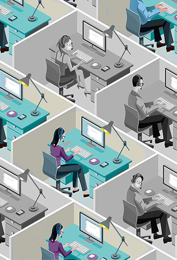 A collage of illustrations of people working in an office in cubicles