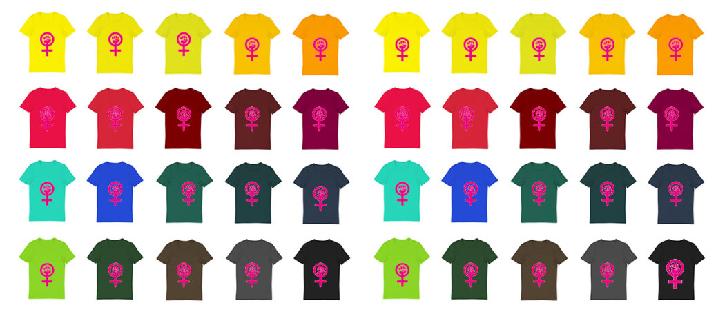 The feminist symbol on different colored shirts.