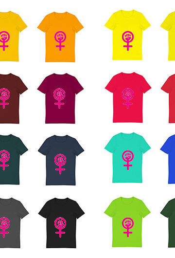 The feminist symbol on different colored shirts.