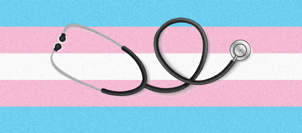 A stethoscope on top of a trans visibility flag pattern.