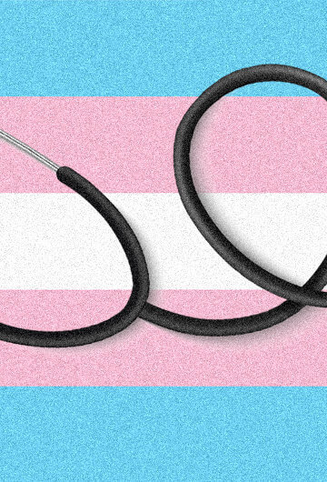 A stethoscope on top of a trans visibility flag pattern.