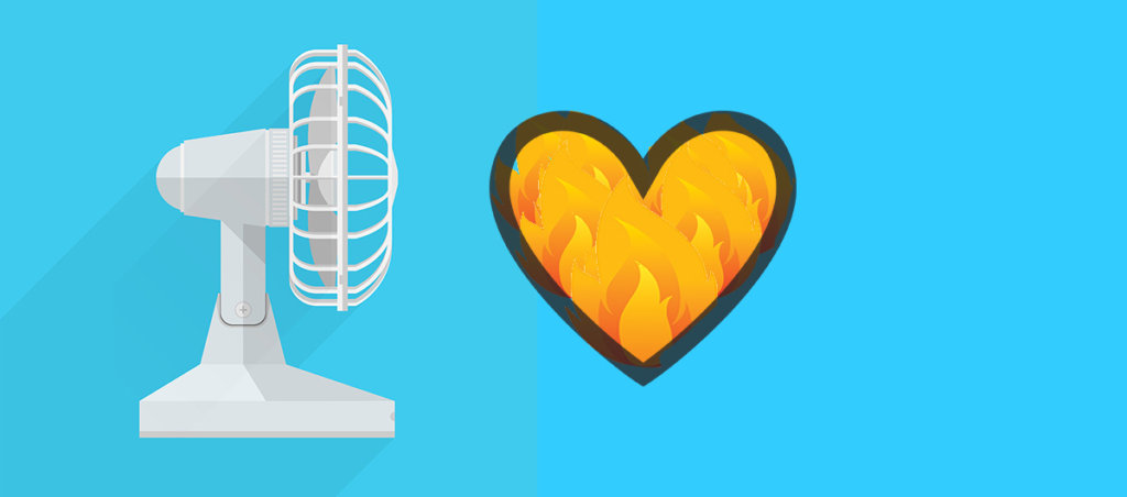 A collage of an illustration of a fan and a heart that is filled with flames.