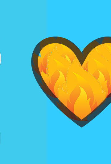 A collage of an illustration of a fan and a heart that is filled with flames.