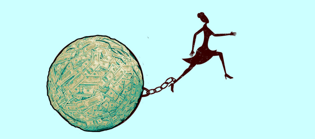 A collage of a figure of a woman in heels being chained to a big ball of money.