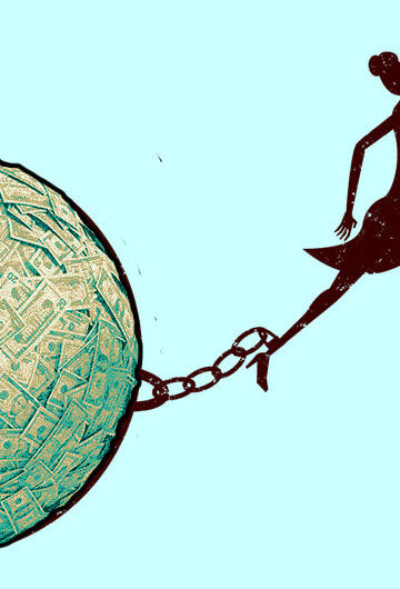A collage of a figure of a woman in heels being chained to a big ball of money.
