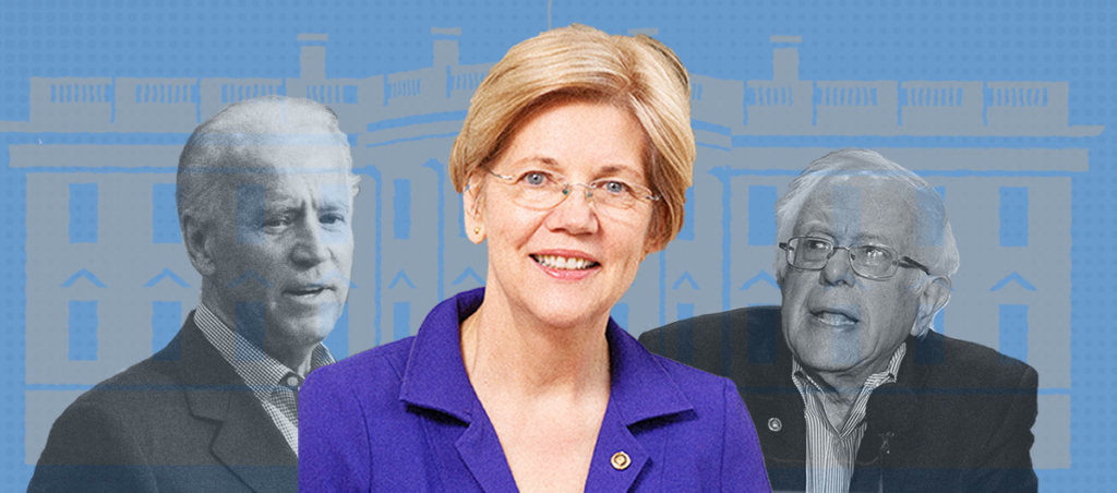 A collage of a photo of Elizabeth Warren in color and Joe Biden and Bernie Sanders in black and white