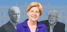 A collage of a photo of Elizabeth Warren in color and Joe Biden and Bernie Sanders in black and white