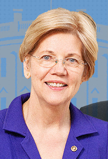 A collage of a photo of Elizabeth Warren in color and Joe Biden and Bernie Sanders in black and white