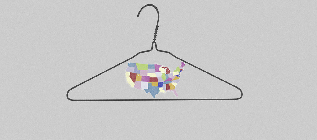 An illustration of a map of the United States inside of a clothes hanger.