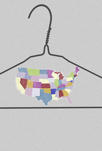 An illustration of a map of the United States inside of a clothes hanger.