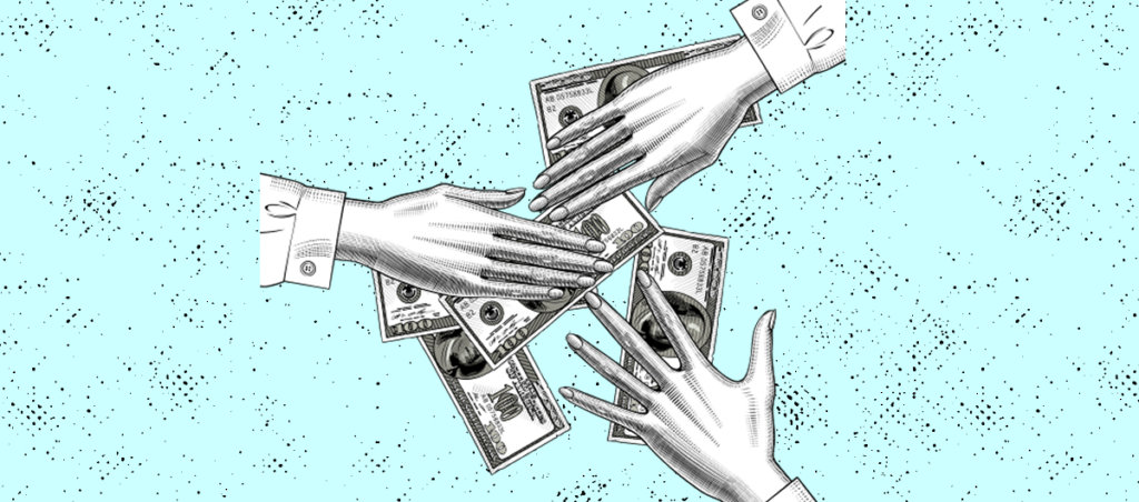 A collage of illustrations of three hands over a hundred dollar bills.