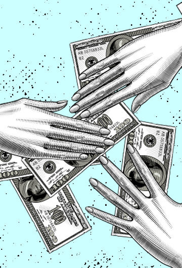 A collage of illustrations of three hands over a hundred dollar bills.