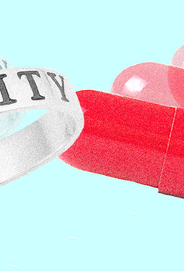 A collage of purity rings and red pills.