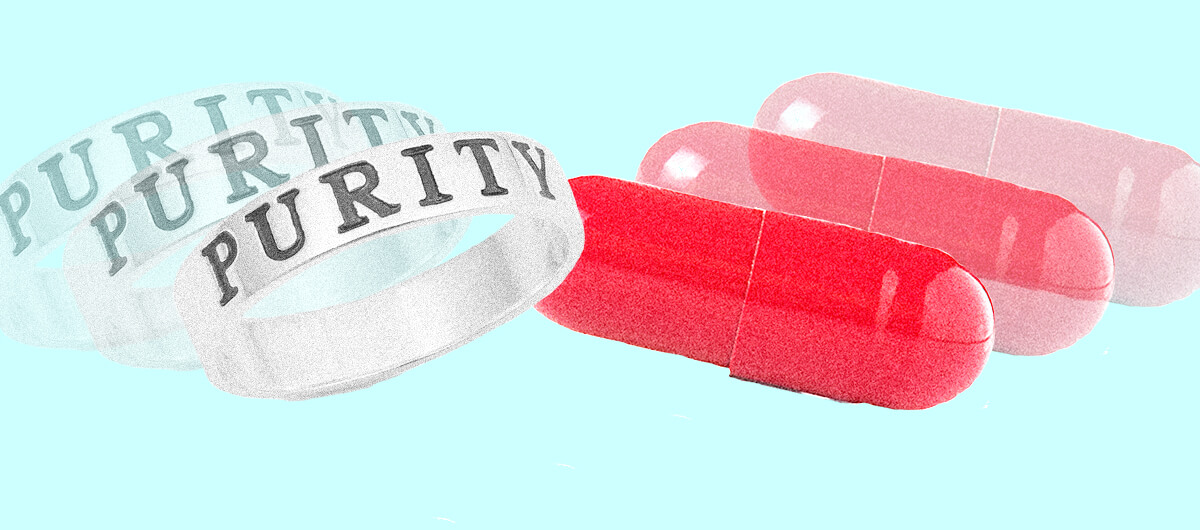 A collage of purity rings and red pills.
