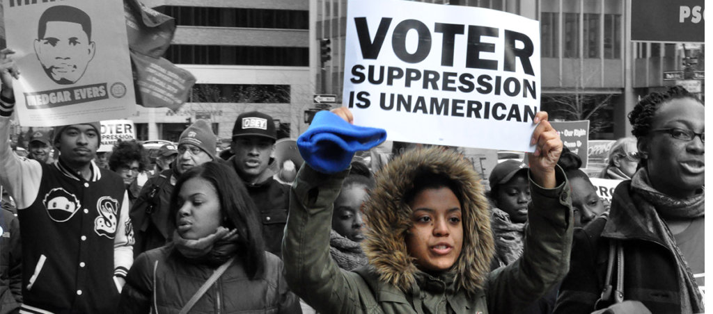 Photos of a protest of largely black people. Someone is holding a sign that says, "Voter suppression is unAmerican."