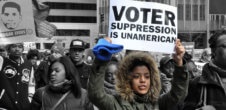 Photos of a protest of largely black people. Someone is holding a sign that says, "Voter suppression is unAmerican."