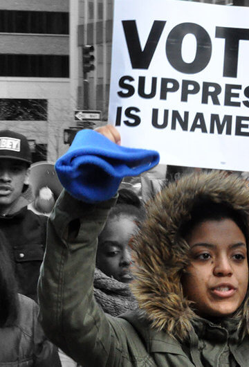 Photos of a protest of largely black people. Someone is holding a sign that says, "Voter suppression is unAmerican."