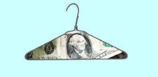 A collage of a dollar bill inside of a coat hanger